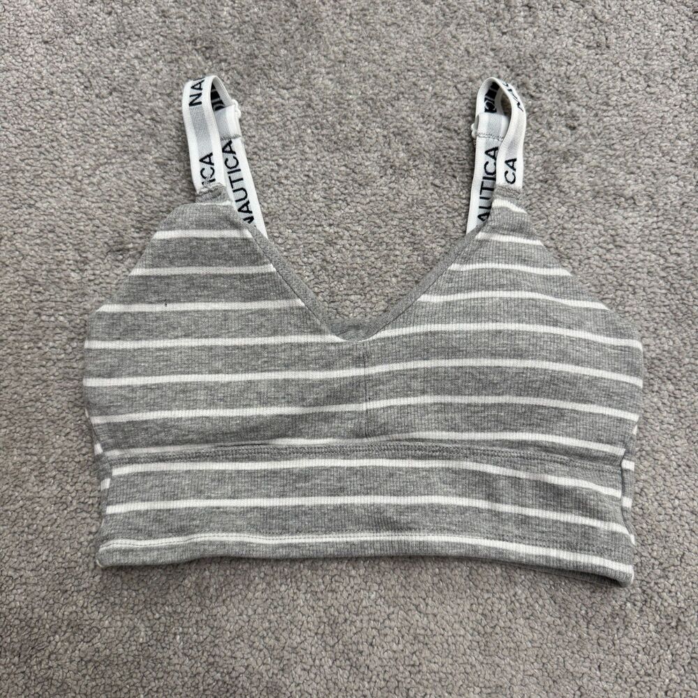 Nautica Intimates Striped Ribbed Bralette Womens L Grey Wireless Padded Comfort